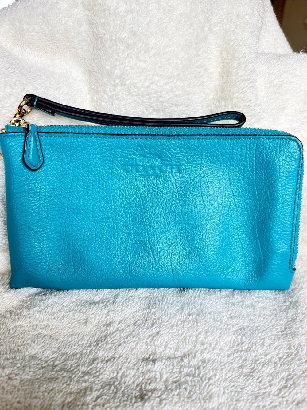 Coach Turquoise Leather large double zipper Wristlet Clutch